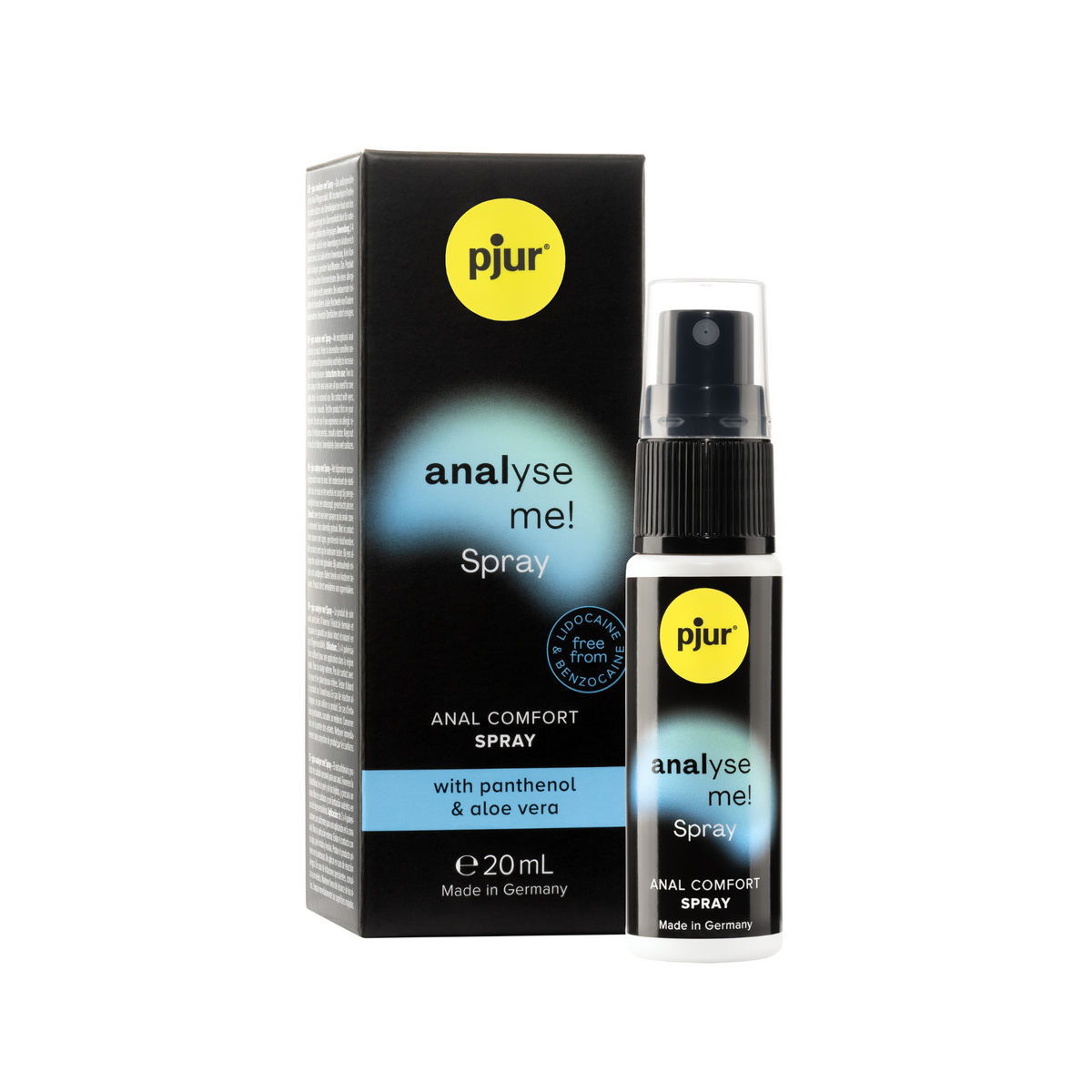 A black box and a matching spray bottle of pjur "analyse me! Spray" are positioned on a white background.  Main image