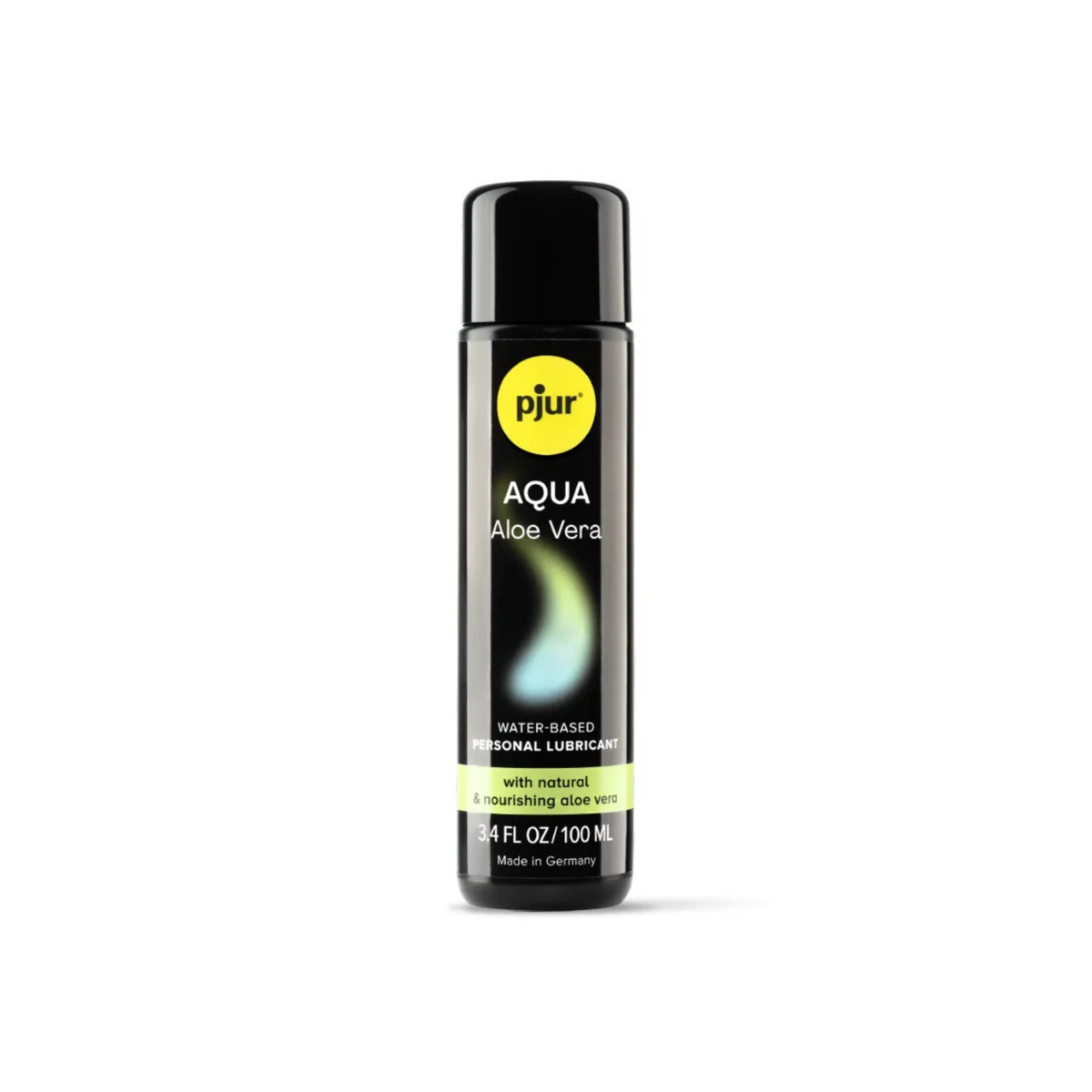 A black bottle of Pjur Aqua Aloe vera water-based personal lubricant with a yellow logo.