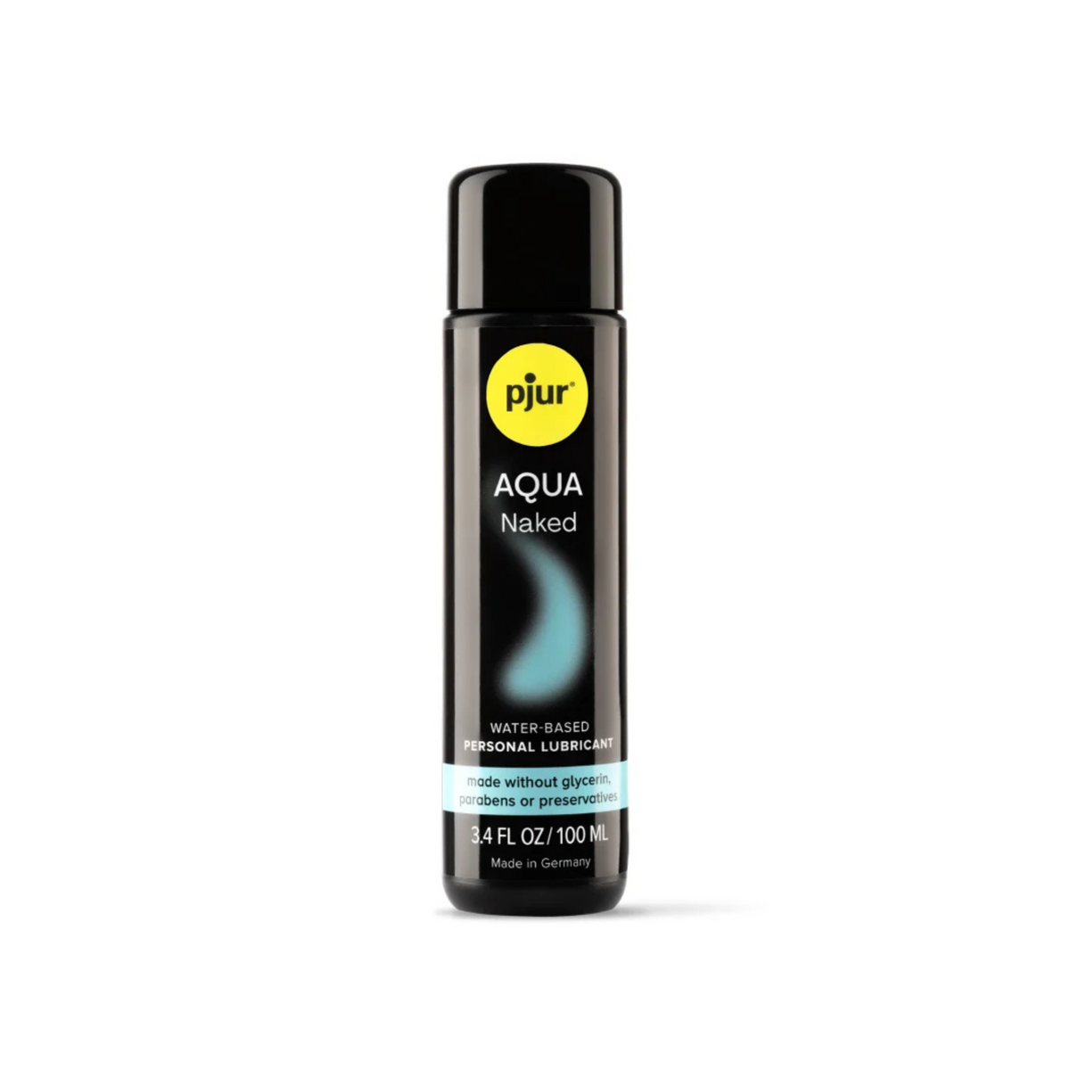 A black bottle of Pjur Aqua Naked water-based personal lubricant with a yellow logo. Imagen principal del producto