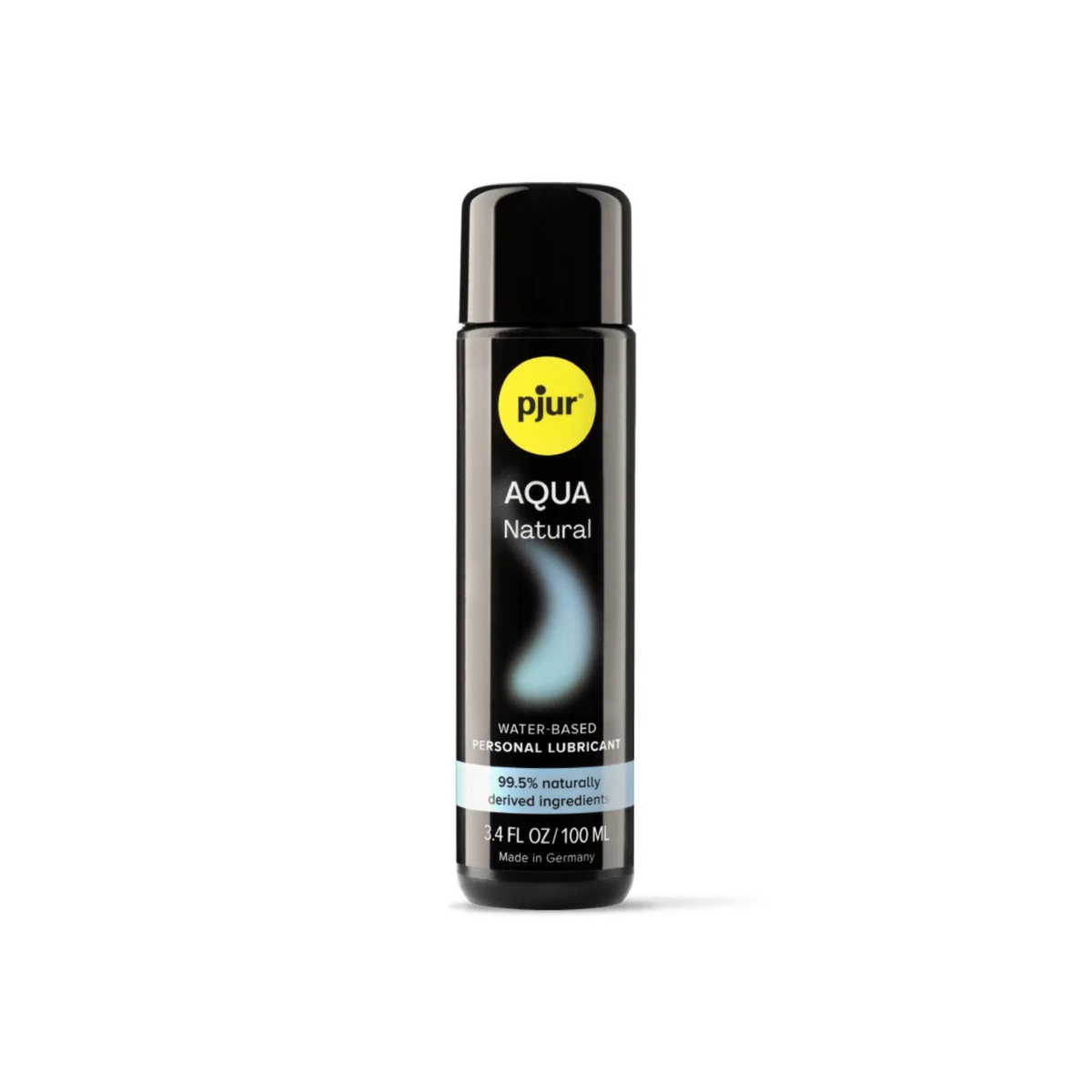 A black bottle of Pjur Aqua Natural water-based personal lubricant with a yellow logo and blue label.