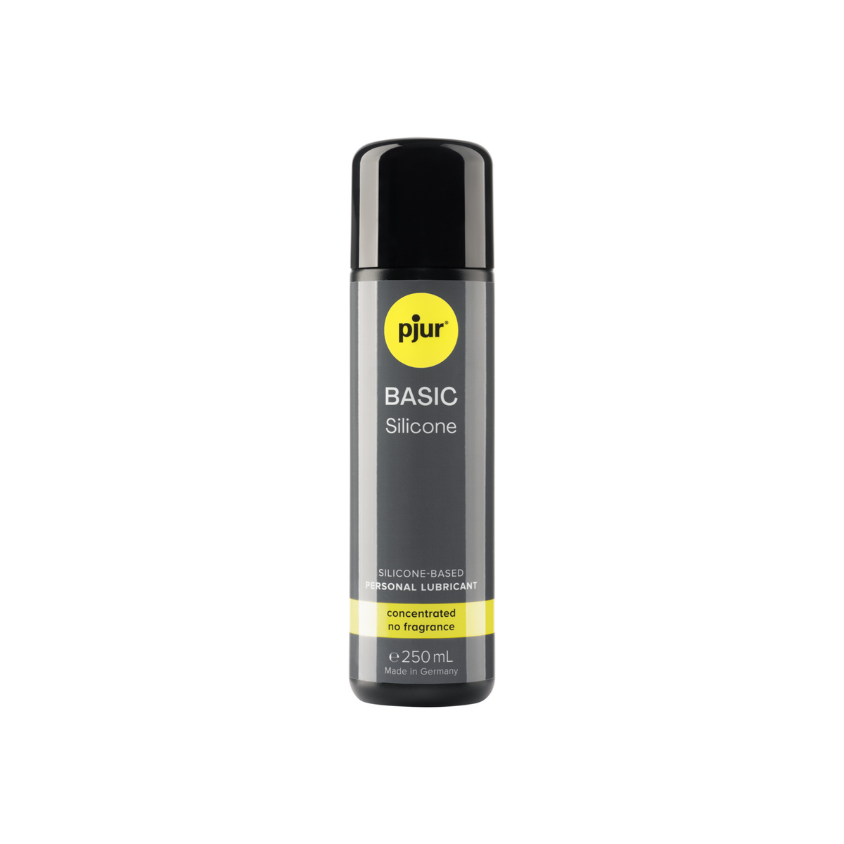 A gray bottle of Pjur Basic Silicone lubricant is isolated on a white background. Main image