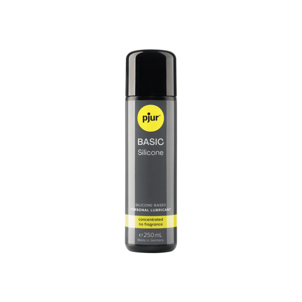 A gray bottle of Pjur Basic Silicone lubricant is isolated on a white background.