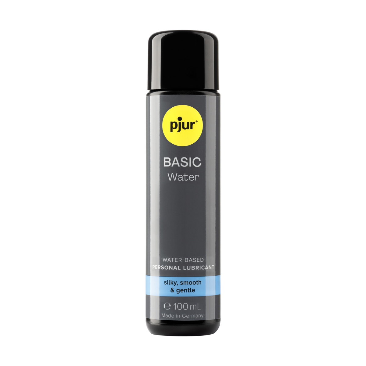 A gray bottle of Pjur Basic Water lubricant is displayed on a white background. Main image