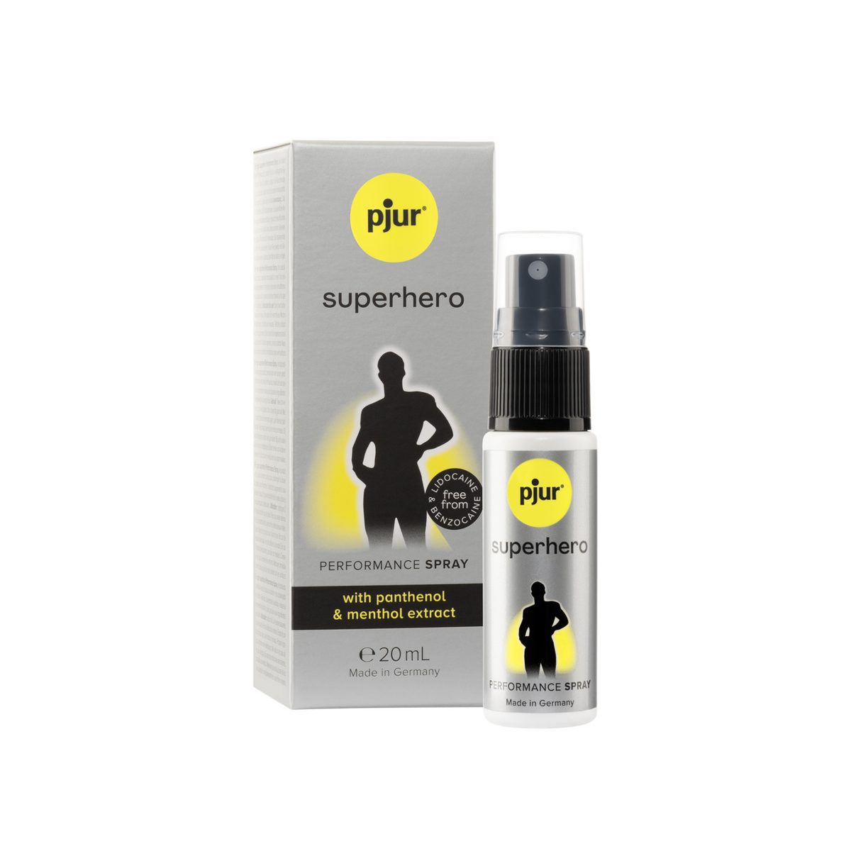 A gray and white box and a small white spray bottle of Pjur Superhero Performance Spray are positioned against a white background. Main image