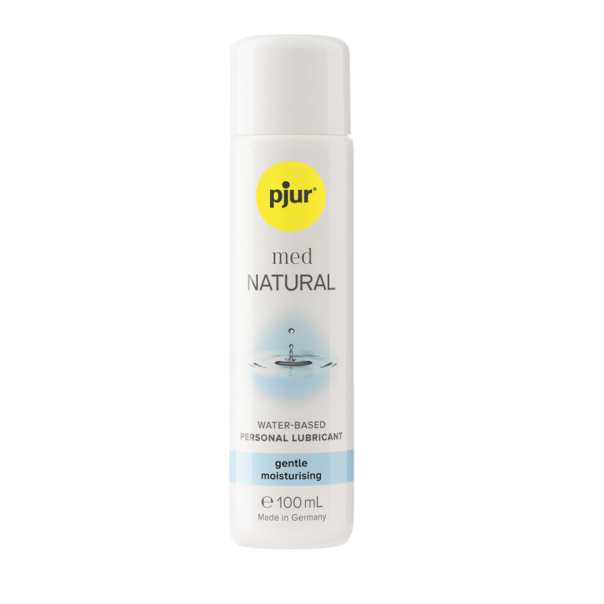 A white bottle of pjur med NATURAL water-based personal lubricant with a yellow logo and light blue accents on a white background. Imagen principal del producto