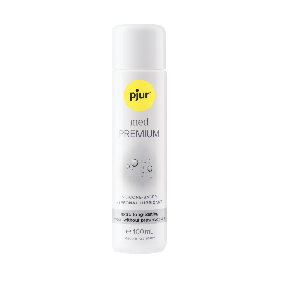 A white bottle of pjur med PREMIUM water-based personal lubricant with a yellow logo and light gray accents on a white background. Imagen principal del producto