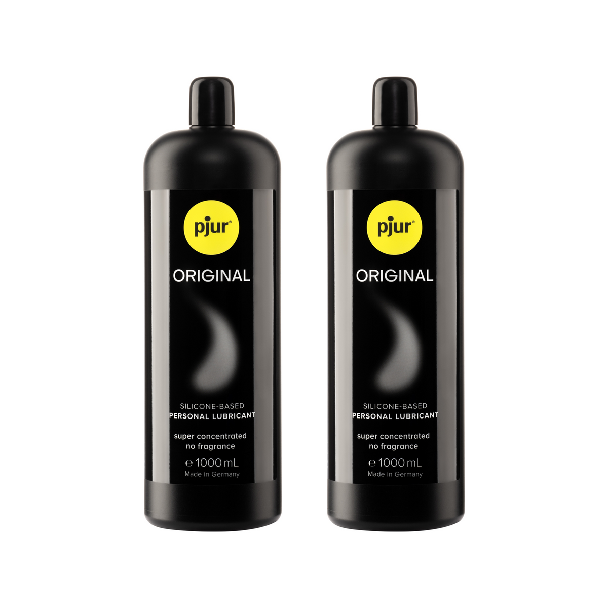 Two large black bottles of Pjur Original lubricant are displayed on a white background. Main image
