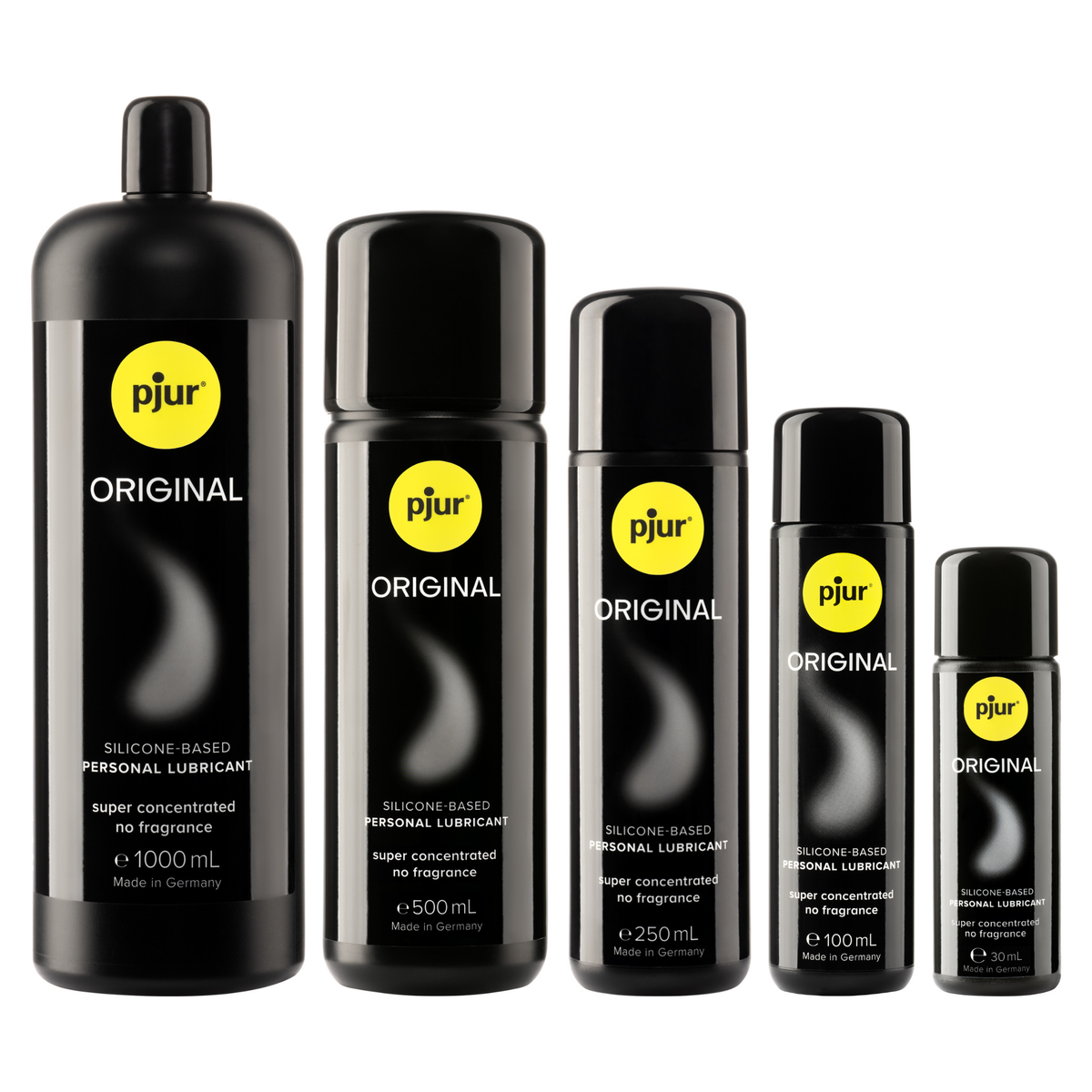 Five black bottles of Pjur Original lubricant in varying sizes are arranged on a white background. Main image