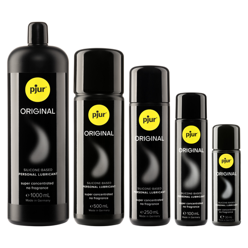 Five black bottles of Pjur Original lubricant in varying sizes are arranged on a white background.
