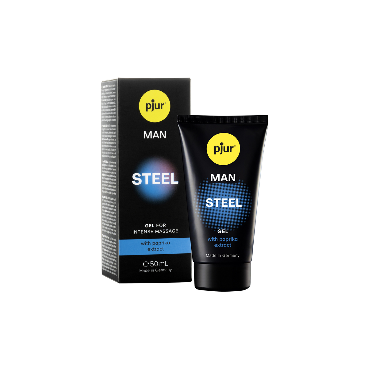 A black box and tube of Pjur Man Steel gel are shown against a white background. Imagen principal del producto