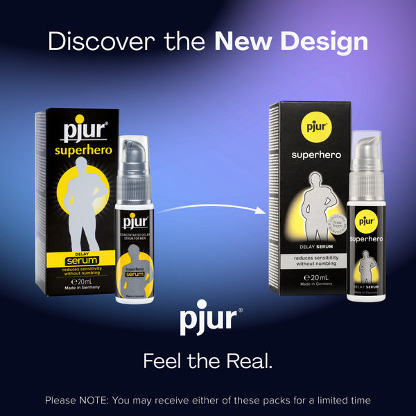An ad displays old and new packaging for Pjur Superhero Delay Serum.