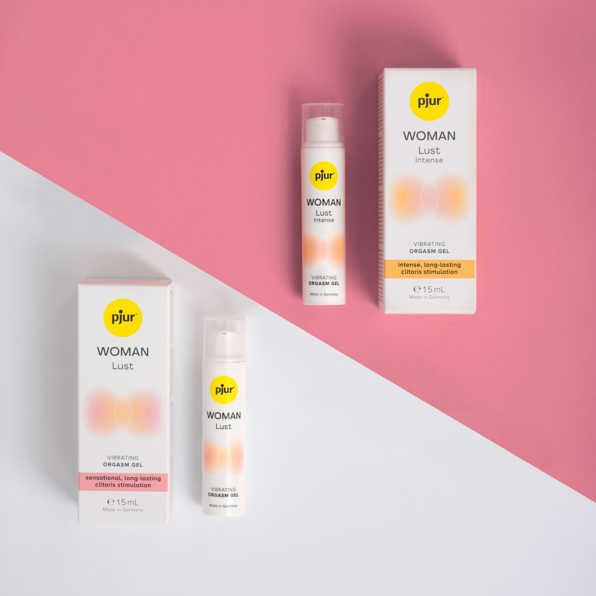 Two white boxes and two matching white tubes of Pjur Woman Lust orgasm gel are arranged on a diagonally split background of white and pink.