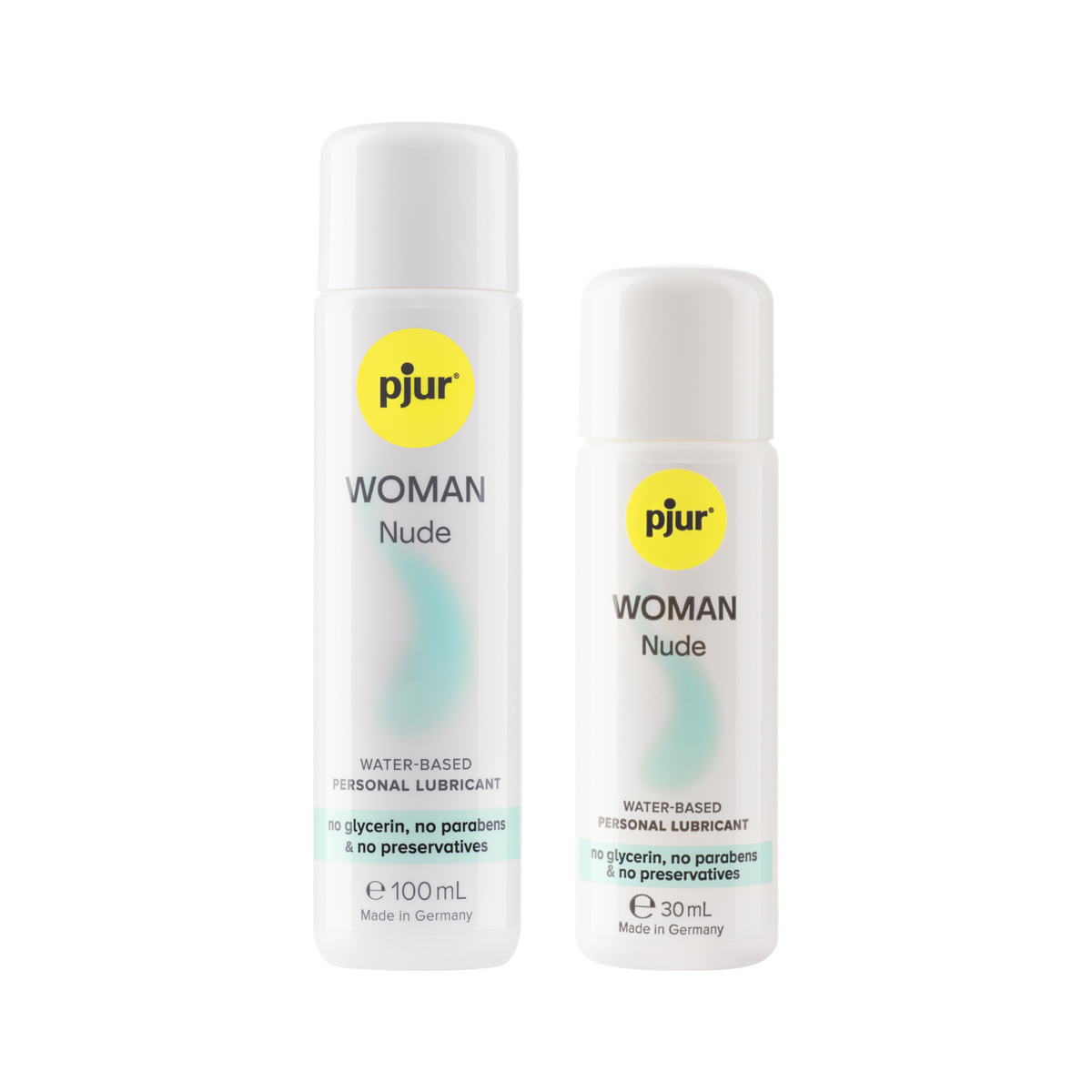 A two white bottles of pjur WOMAN Nude water-based personal lubricants with a yellow logo and teal accents on a white background. Main image
