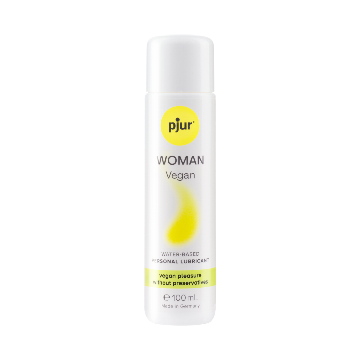 A white bottle of Pjur Woman Vegan water-based personal lubricant is centered against a white background.  Main image