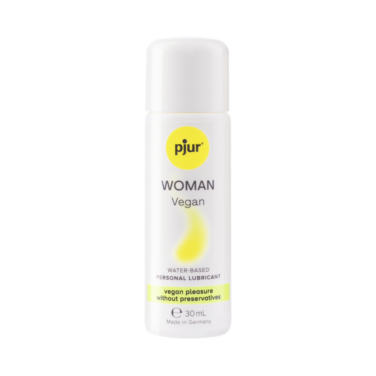 A white bottle of Pjur Woman Vegan water-based personal lubricant is centered against a white background.  Main image