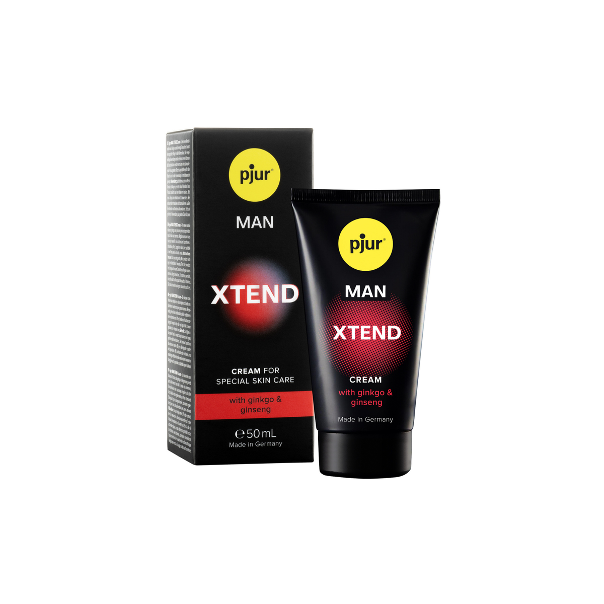A black box and tube of Pjur Man Xtend cream are shown against a white background. Main image