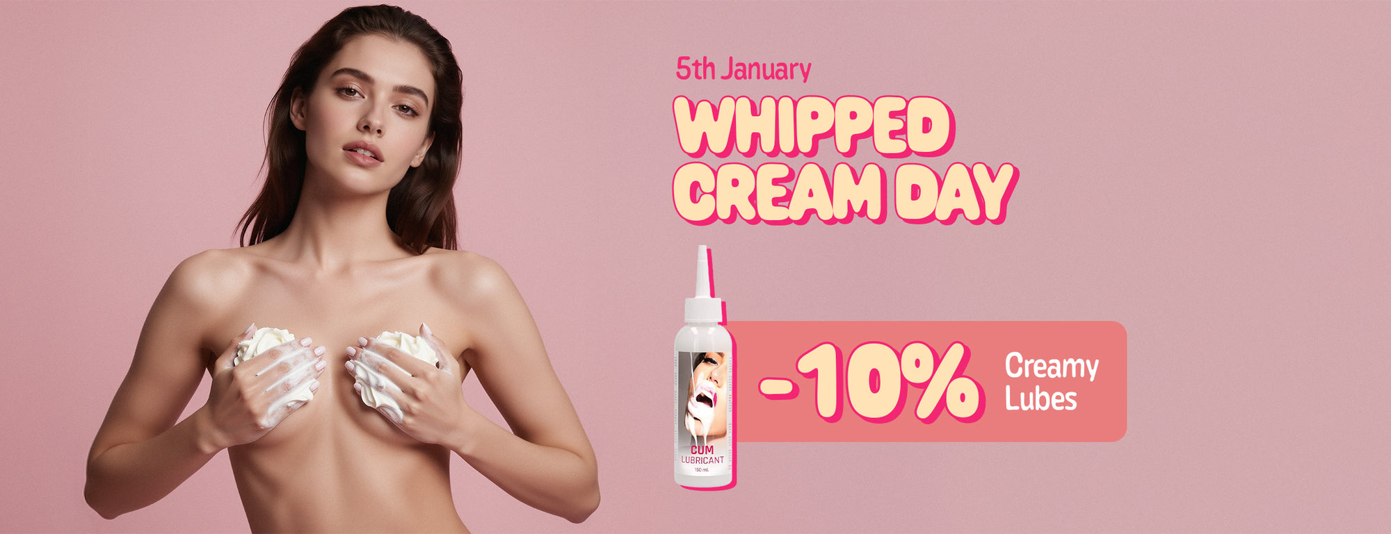 Woman applying whipped cream with promotional text for 'Whipped Cream Day' and a discount offer on a pink background.