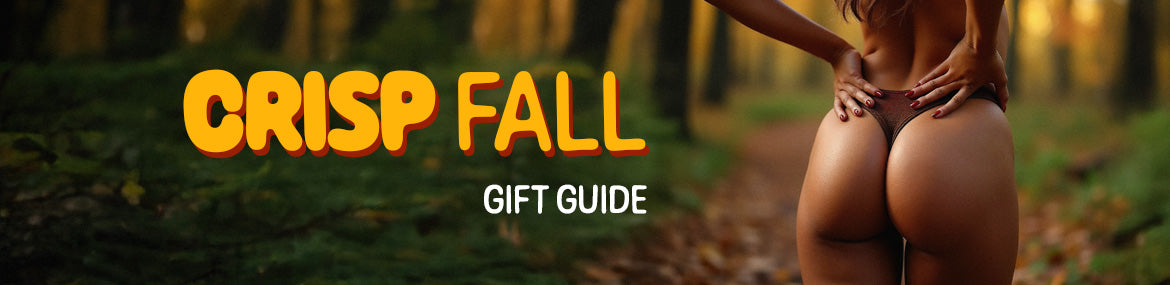 Promotional banner with the text 'CRISP FALL GIFT GUIDE' over a blurred forest path scene, with a cropped view of a person standing on the right side.