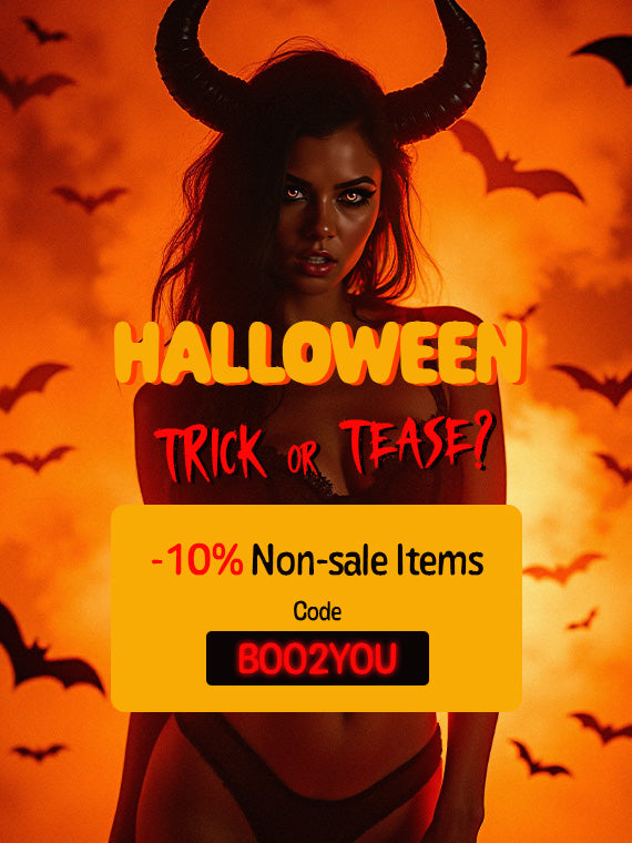 Halloween-themed promotional banner with a woman in lingerie and bats, featuring text about non-sale items.