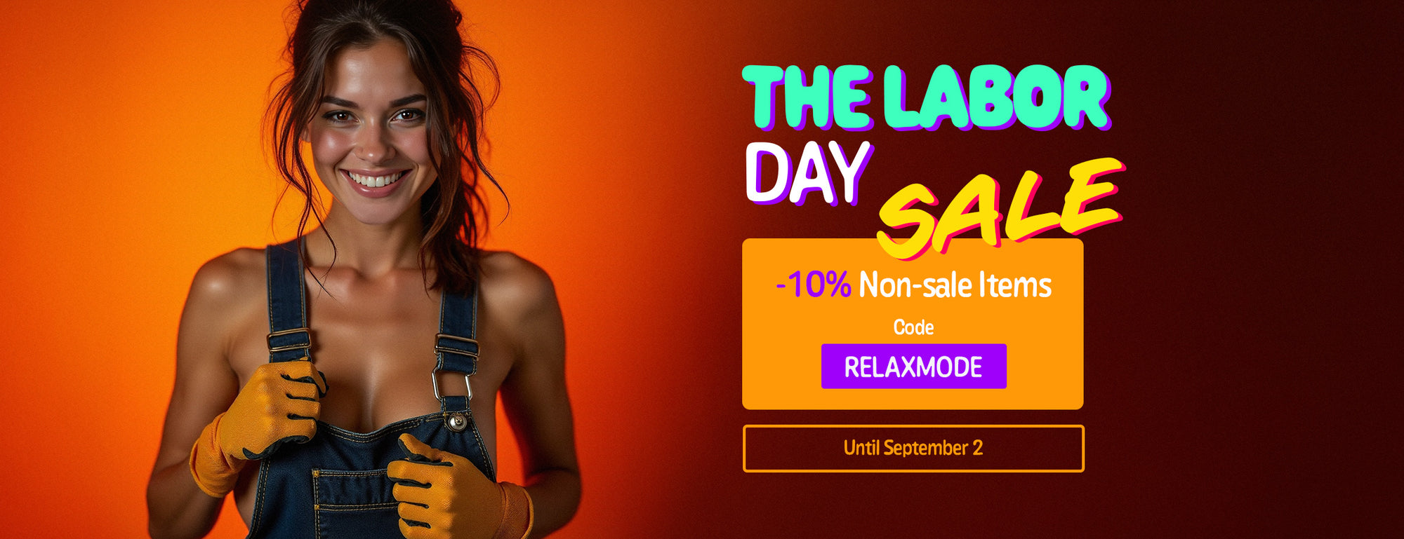 Woman in overalls with 'The Labor Day Sale' text on an orange background