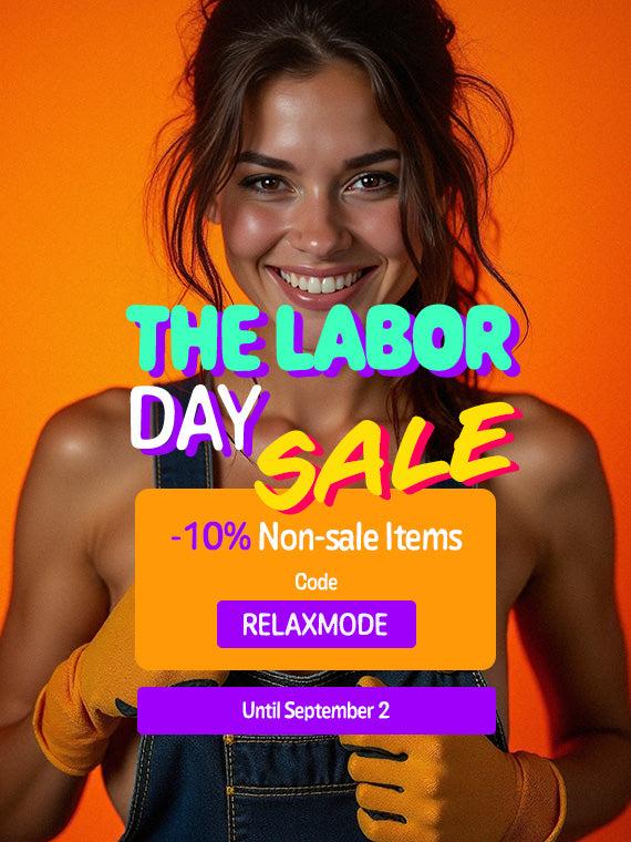 Woman in overalls with 'The Labor Day Sale' text on an orange background
