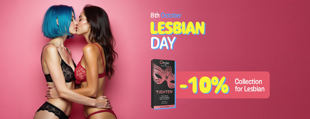 Two women kissing, promotional text for Lesbian Day with Orgie product on a pink background, indicating a -10% discount for Collection for Lesbian.