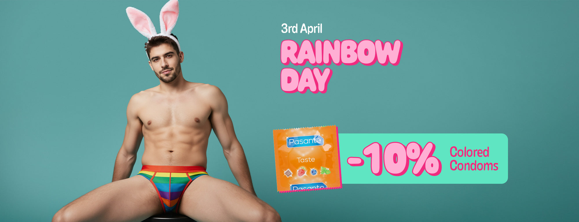 Man wearing rainbow underwear and bunny ears with promotional text for 'Rainbow Day' and colored condoms.