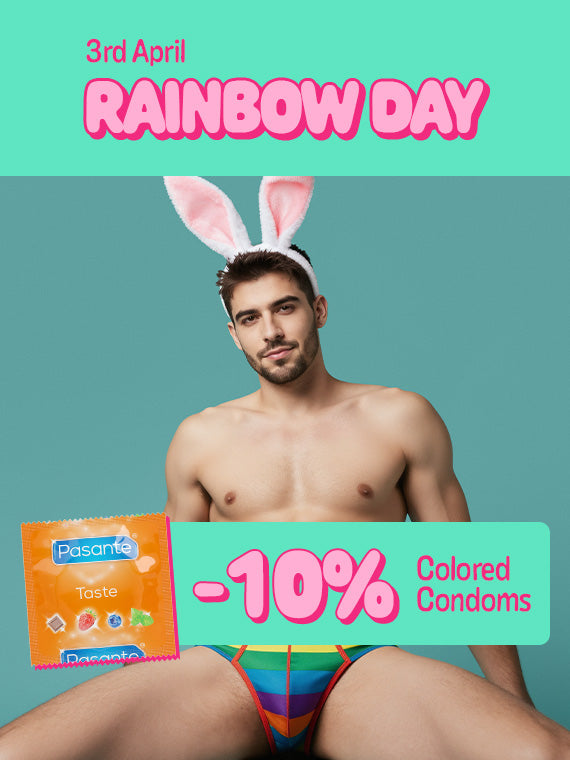 Man wearing rainbow underwear and bunny ears with promotional text for 'Rainbow Day' and colored condoms.