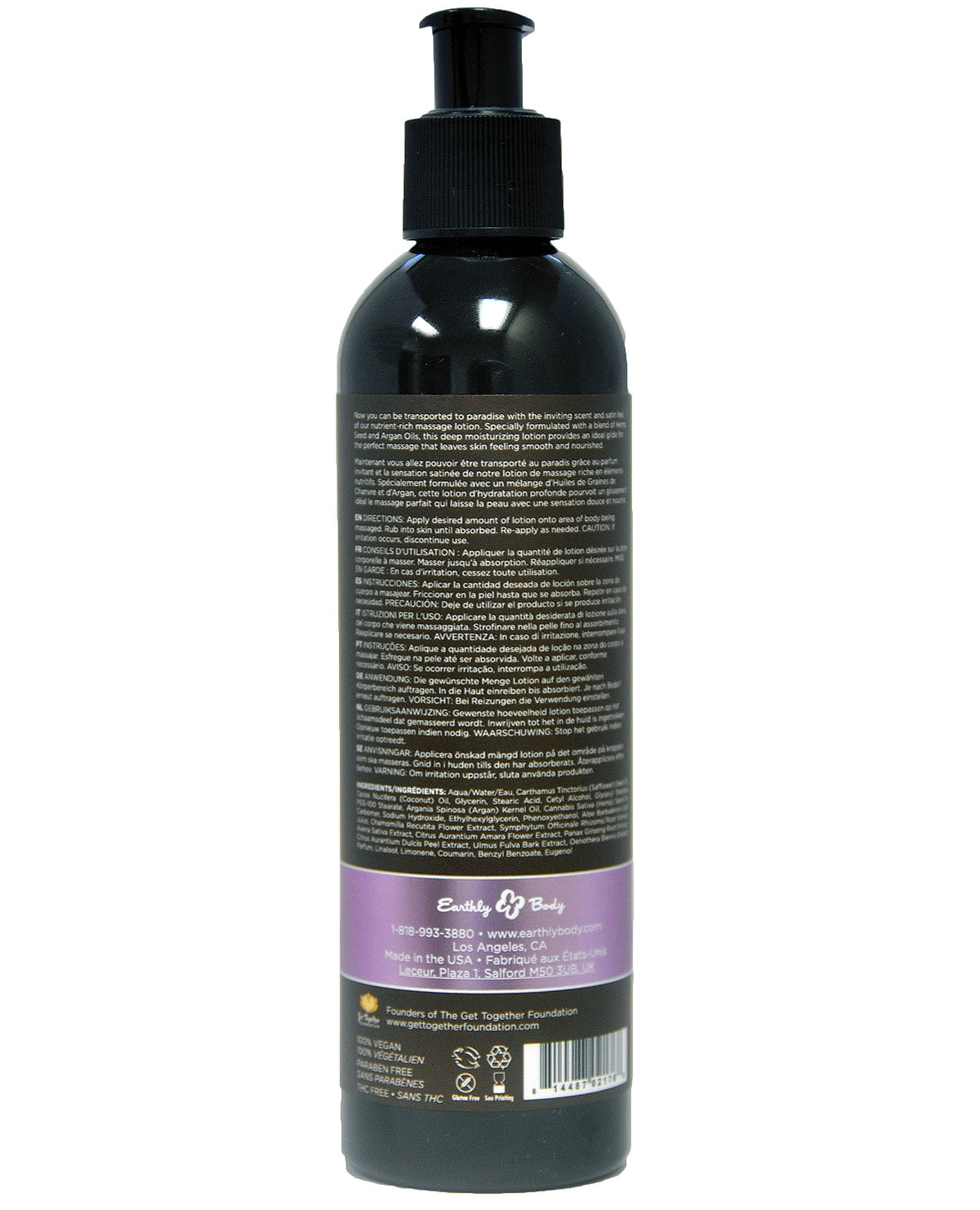 Earthly Body Hemp Seed Massage LOTION Lavender 8 fl oz