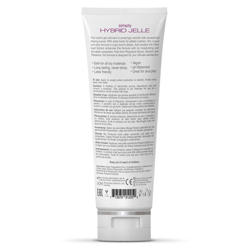 Wicked Sensual Care Simply Hybrid Jelle enhanced with olive leaf extract a clean and simple water + silicone blended gel lubricant