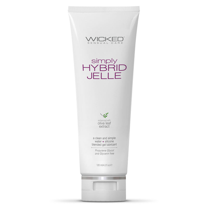 Wicked Sensual Care Simply Hybrid Jelle enhanced with olive leaf extract a clean and simple water + silicone blended gel lubricant
