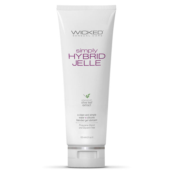 Wicked Sensual Care Simply Hybrid Jelle enhanced with olive leaf extract a clean and simple water + silicone blended gel lubricant